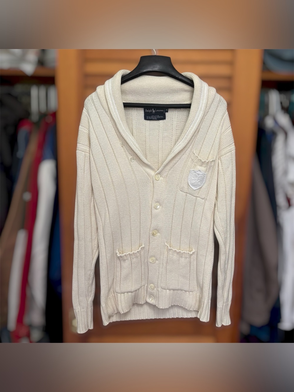 Vintage 90s Polo Ralph Lauren OG Tennis Patch Shawl Knit Cardigan Sweater Size M